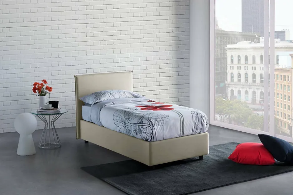 Talamo Italia Lit simple Darut, Lit coffre avec revêtement en tissu, Ouverture latérale, adapté pour matelas 80x190 cm, Beige Clearance