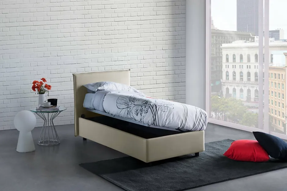 Talamo Italia Lit simple Darut, Lit coffre avec revêtement en tissu, Ouverture latérale, adapté pour matelas 80x190 cm, Beige Clearance