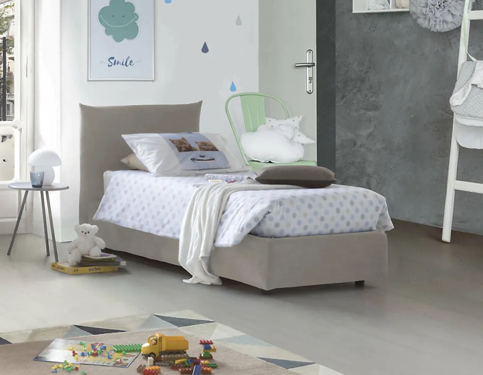 Talamo Italia Lit simple Dborbe, Lit coffre avec revêtement en tissu, Ouverture latérale, avec matelas 80x190 cm inclus, Beige