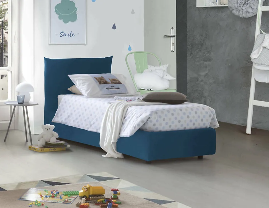 Talamo Italia Lit simple Dborbe, Lit coffre avec revêtement en tissu, Ouverture latérale, avec matelas 80x190 cm inclus, Bleu