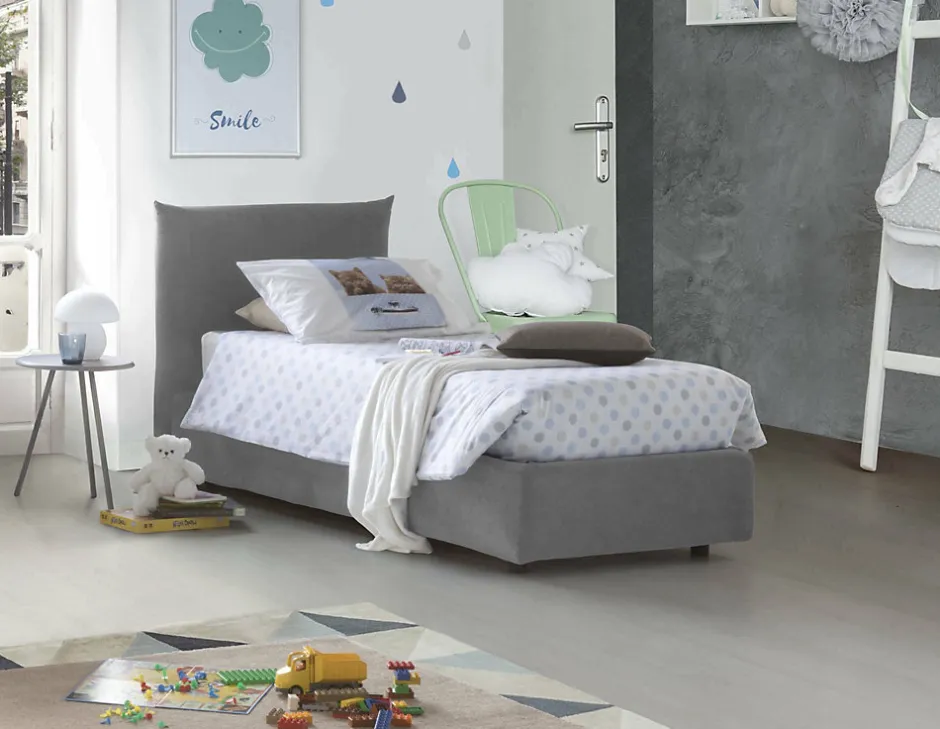 Talamo Italia Lit simple Dbut, Lit coffre avec revêtement en tissu, 100% Made in Italy, Ouverture frontale, avec matelas 80x190 cm inclus, Gris