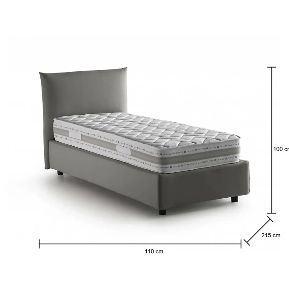 Talamo Italia Lit simple Dbut, Lit coffre avec revêtement en tissu, 100% Made in Italy, Ouverture frontale, avec matelas 80x190 cm inclus, Gris