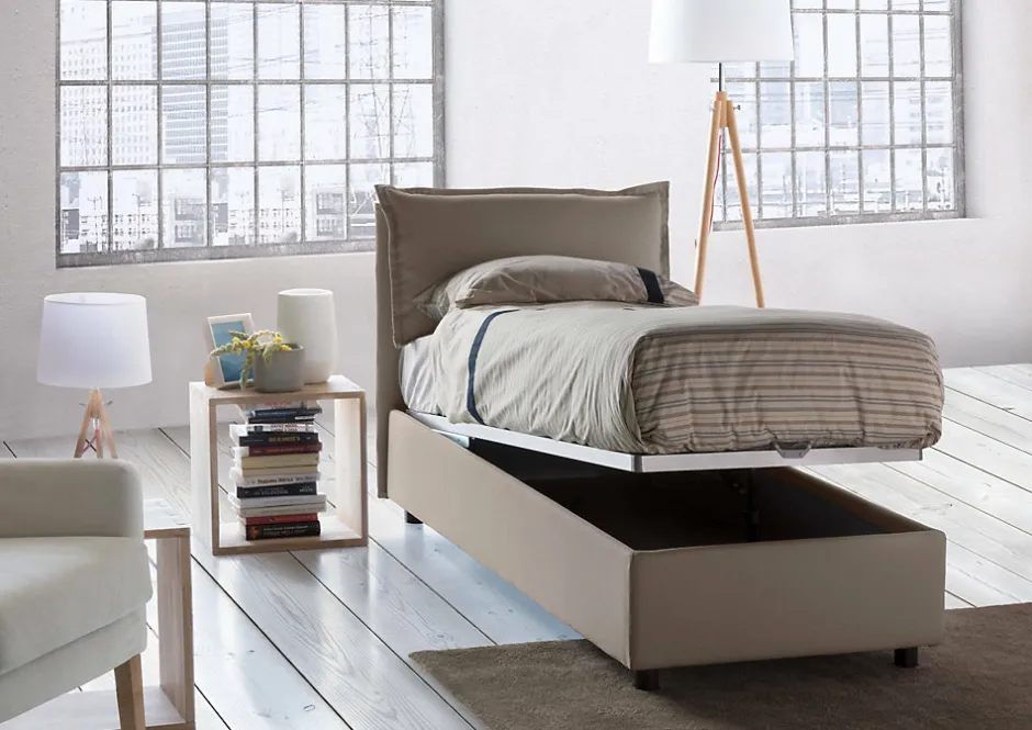Talamo Italia Lit simple Dloset, Lit coffre avec revêtement en tissu, Ouverture frontale, avec matelas 90x190 cm inclus, Taupe