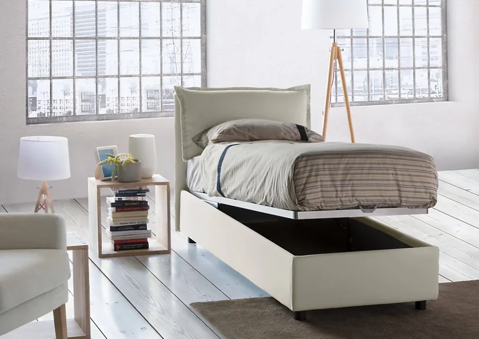 Talamo Italia Lit simple Dloset, Lit coffre avec revêtement en tissu, Ouverture frontale, avec matelas 90x190 cm inclus, Beige Clearance