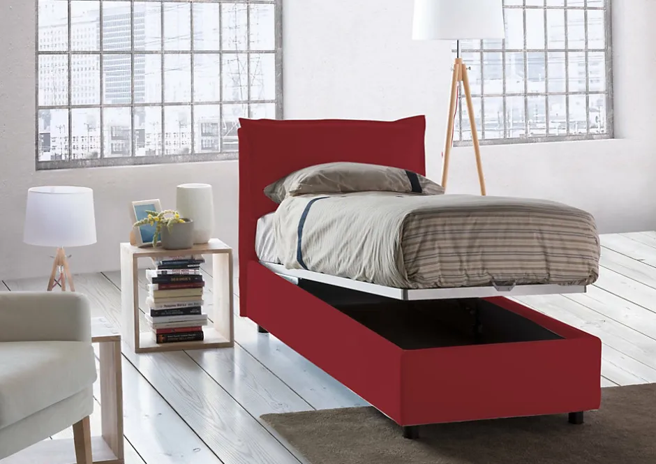Talamo Italia Lit simple Dpal, Lit coffre avec revêtement en tissu, Ouverture frontale, adapté pour matelas 90x190 cm, Rouge