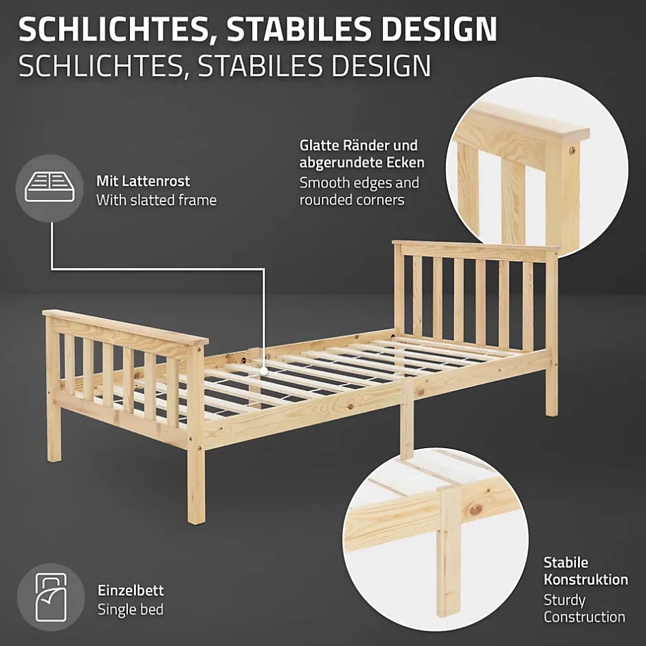 Ml-Design Lit simple en bois de pin naturel d'adolescents avec sommier à lattes 200x90 cm Hot