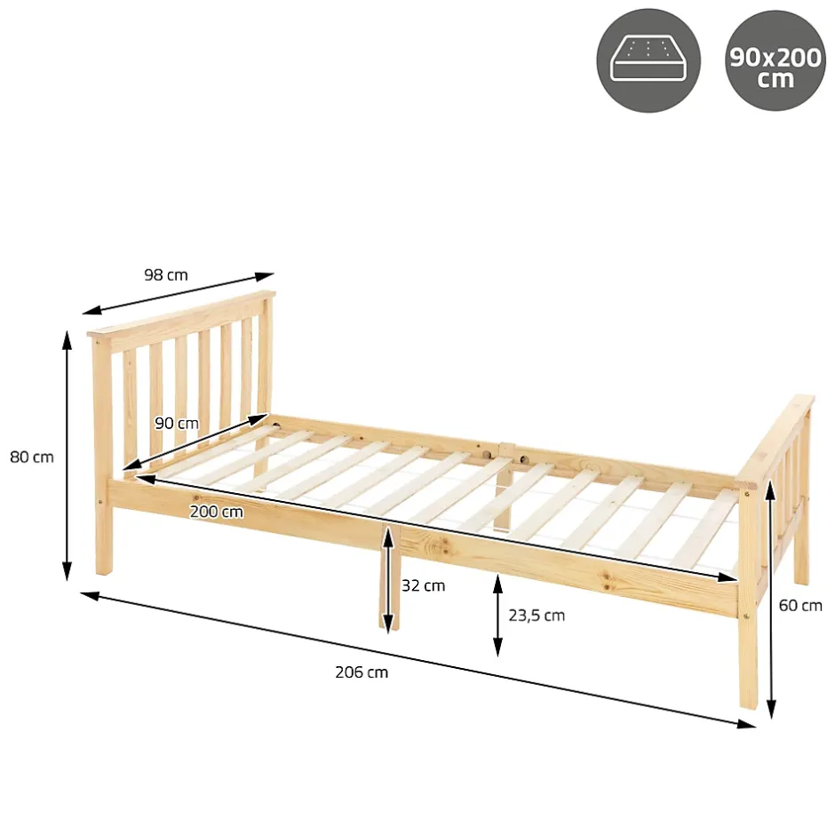 Ml-Design Lit simple en bois de pin naturel d'adolescents avec sommier à lattes 200x90 cm Hot