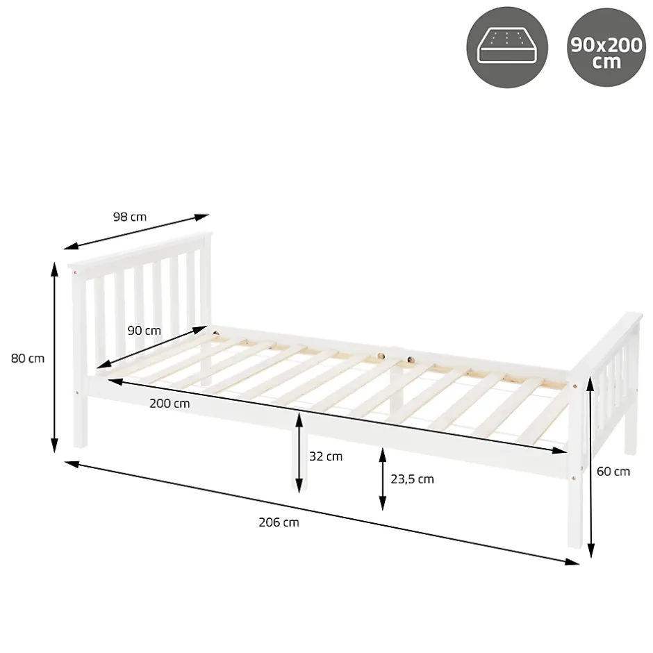 Ml-Design Lit simple en bois de pin blanc d'adolescents avec sommier à lattes 200x90 cm Clearance