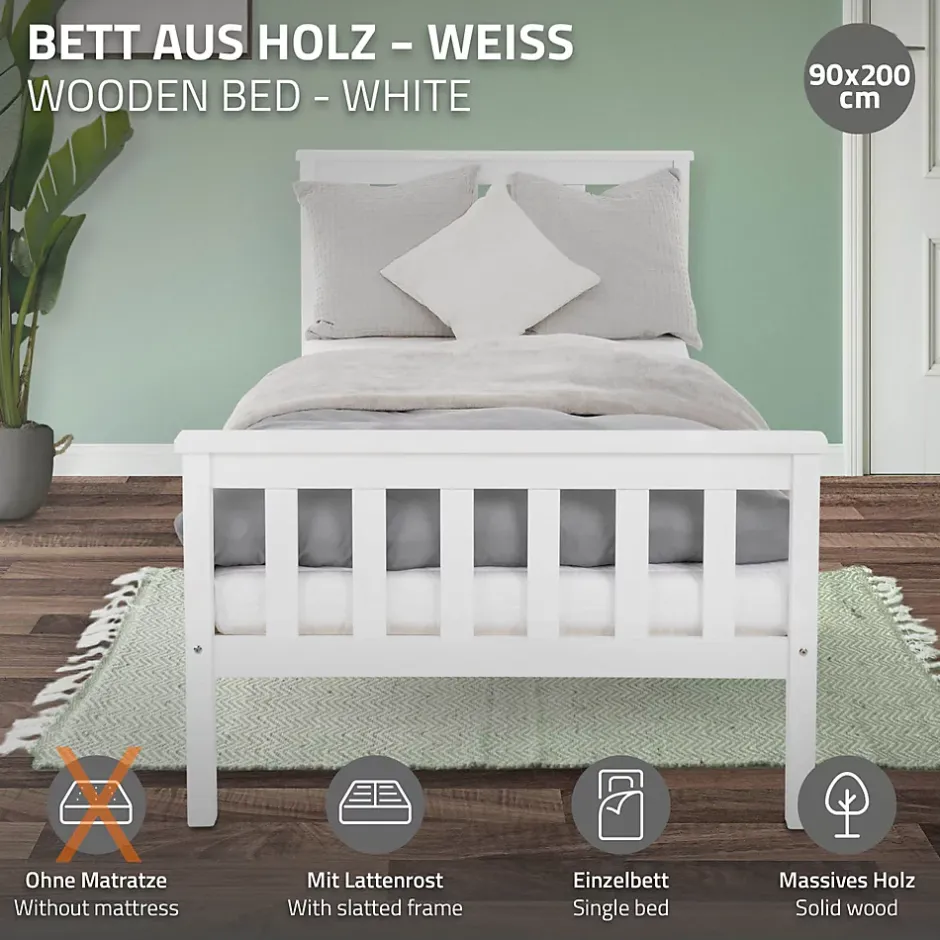 Ml-Design Lit simple en bois de pin blanc d'adolescents avec sommier à lattes 200x90 cm Clearance