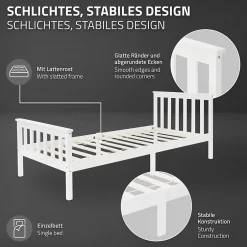 Ml-Design Lit simple en bois de pin blanc d'adolescents avec sommier à lattes 200x90 cm Clearance