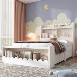 ModernLuxe Lit simple en bois 90x190cm - avec 2 tiroirs et étagères - Blanc (matelas non inclus) Clearance