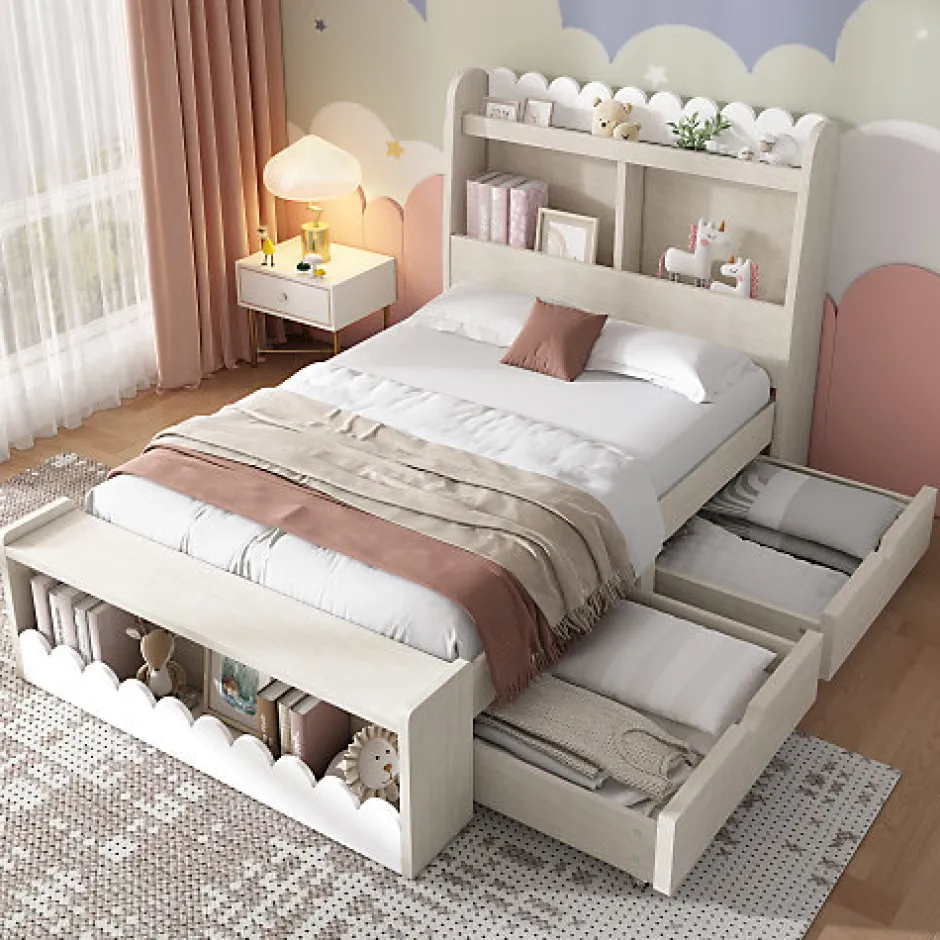 ModernLuxe Lit simple en bois 90x200cm - avec 2 tiroirs et étagères - Blanc (matelas non inclus)