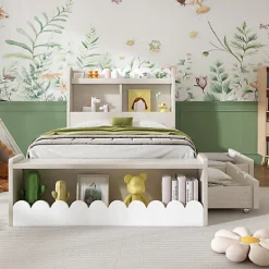 ModernLuxe Lit simple en bois 90x200cm - avec 2 tiroirs et étagères - Blanc (matelas non inclus)