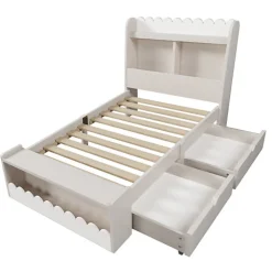 ModernLuxe Lit simple en bois 90x200cm - avec 2 tiroirs et étagères - Blanc (matelas non inclus)