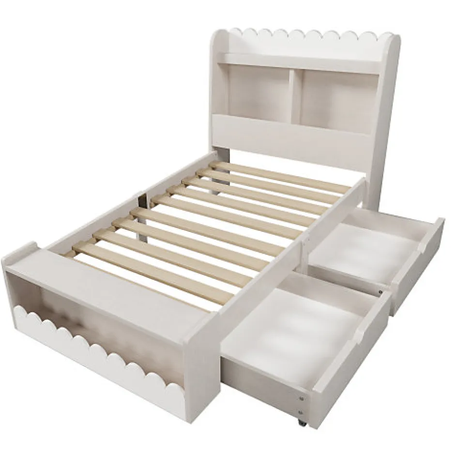 ModernLuxe Lit simple en bois 90x200cm - avec 2 tiroirs et étagères - Blanc (matelas non inclus)