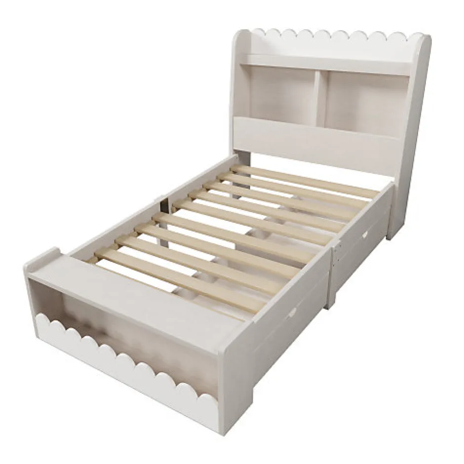 ModernLuxe Lit simple en bois 90x200cm - avec 2 tiroirs et étagères - Blanc (matelas non inclus)