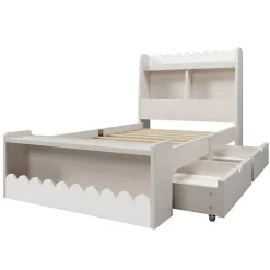 ModernLuxe Lit simple en bois 90x200cm - avec 2 tiroirs et étagères - Blanc (matelas non inclus)