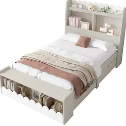 ModernLuxe Lit simple en bois 90x200cm - avec 2 tiroirs et étagères - Blanc (matelas non inclus)