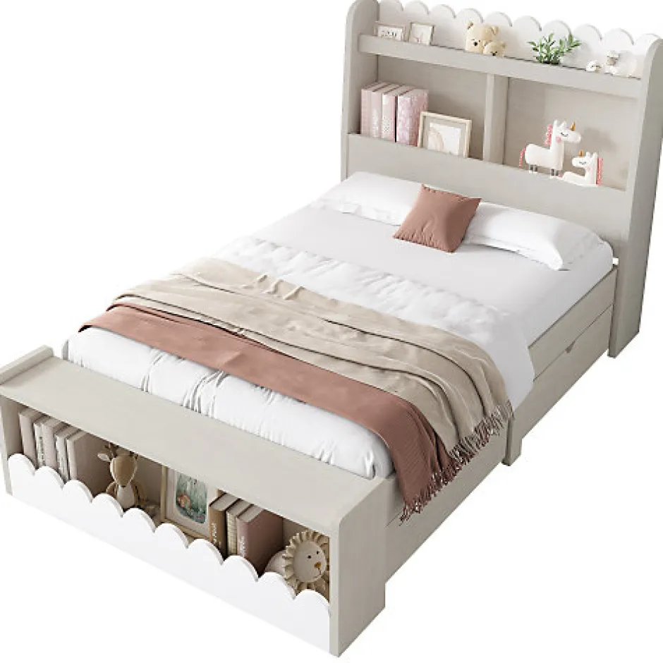 ModernLuxe Lit simple en bois 90x200cm - avec 2 tiroirs et étagères - Blanc (matelas non inclus)
