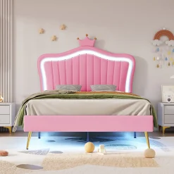 Enfant Okwish Lit simple enfant 90x200 cm - Lit capitonné avec LED en forme de couronne pour fille - Cuir synthétique - Sans matelas - Rose