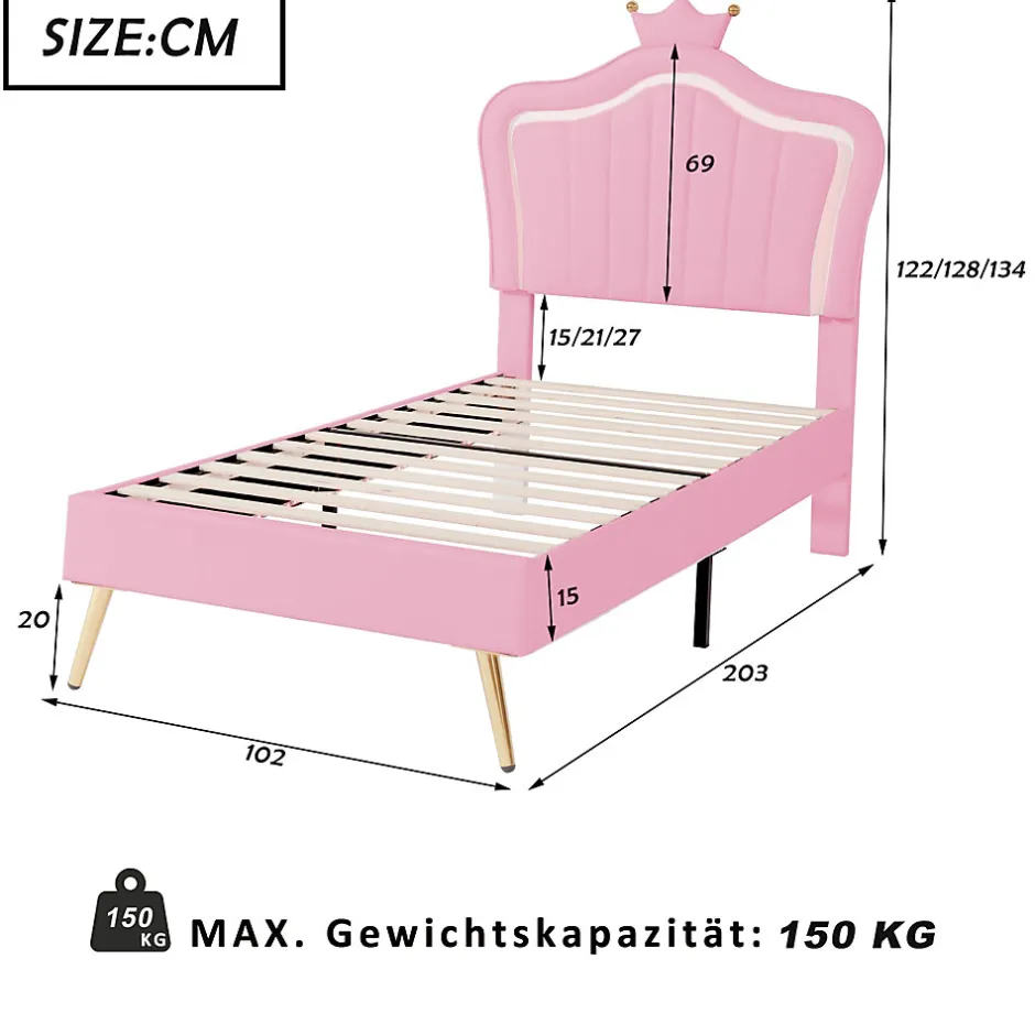 Enfant Okwish Lit simple enfant 90x200 cm - Lit capitonné avec LED en forme de couronne pour fille - Cuir synthétique - Sans matelas - Rose
