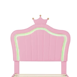 Enfant Okwish Lit simple enfant 90x200 cm - Lit capitonné avec LED en forme de couronne pour fille - Cuir synthétique - Sans matelas - Rose