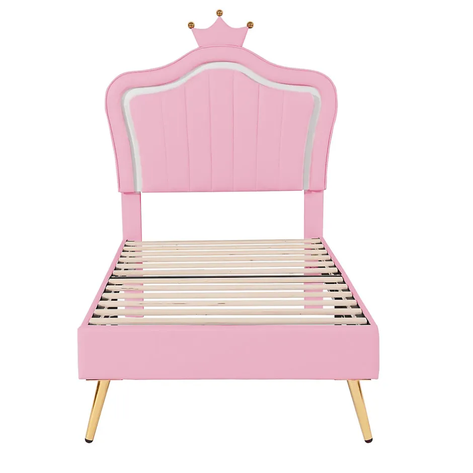 Enfant Okwish Lit simple enfant 90x200 cm - Lit capitonné avec LED en forme de couronne pour fille - Cuir synthétique - Sans matelas - Rose