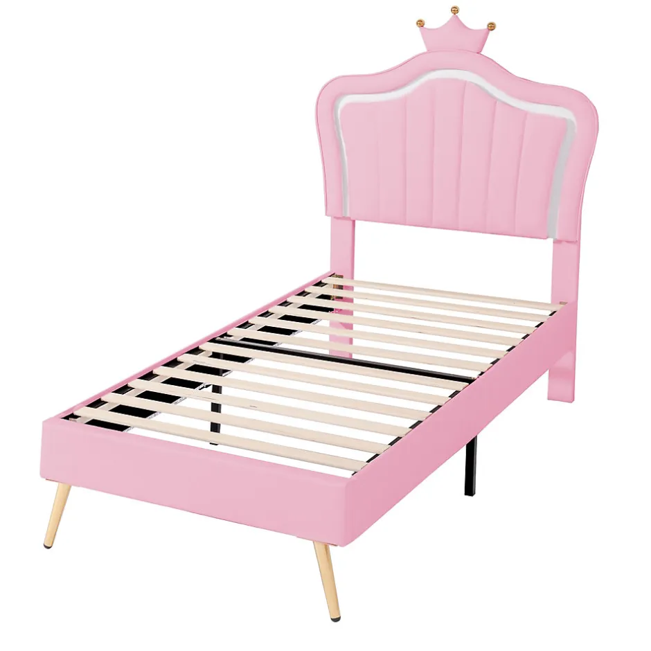 Enfant Okwish Lit simple enfant 90x200 cm - Lit capitonné avec LED en forme de couronne pour fille - Cuir synthétique - Sans matelas - Rose