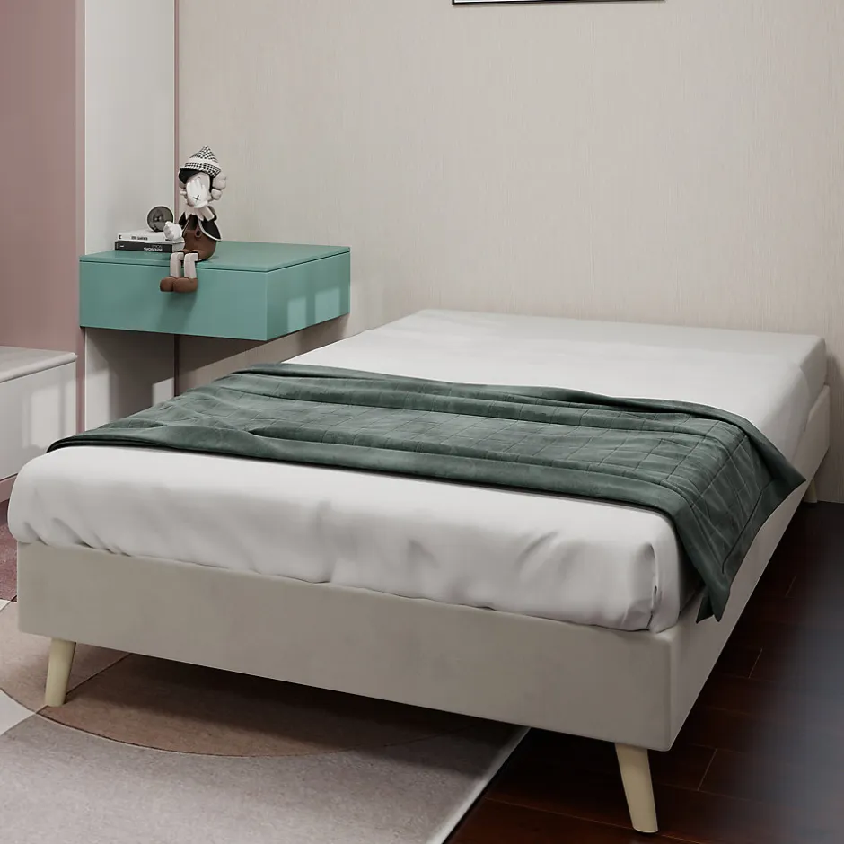 Okwish Lit Simple Enfant 90x200 cm - sans Tête de Lit, Revêtement en Velours et Cadre Bas, Composite et Métal, sans Matelas, Beige