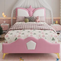 Enfant Okwish Lit Simple Enfant 90x200 cm, Tête de Lit Forme Couronne et Bordures Anti-Chocs, PU Mousse Contreplaqué, Sans Matelas, Rose/Blanc