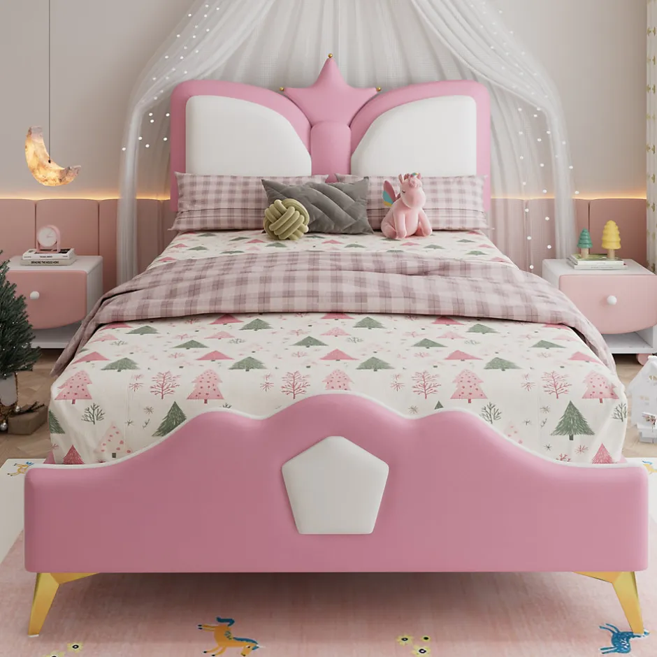 Enfant Okwish Lit Simple Enfant 90x200 cm, Tête de Lit Forme Couronne et Bordures Anti-Chocs, PU Mousse Contreplaqué, Sans Matelas, Rose/Blanc