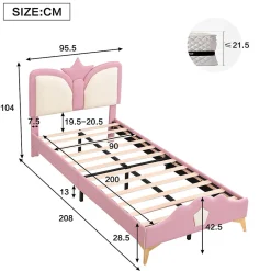 Enfant Okwish Lit Simple Enfant 90x200 cm, Tête de Lit Forme Couronne et Bordures Anti-Chocs, PU Mousse Contreplaqué, Sans Matelas, Rose/Blanc
