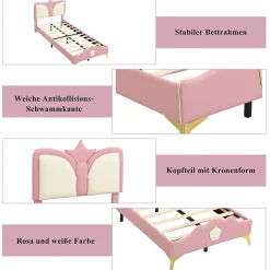 Enfant Okwish Lit Simple Enfant 90x200 cm, Tête de Lit Forme Couronne et Bordures Anti-Chocs, PU Mousse Contreplaqué, Sans Matelas, Rose/Blanc