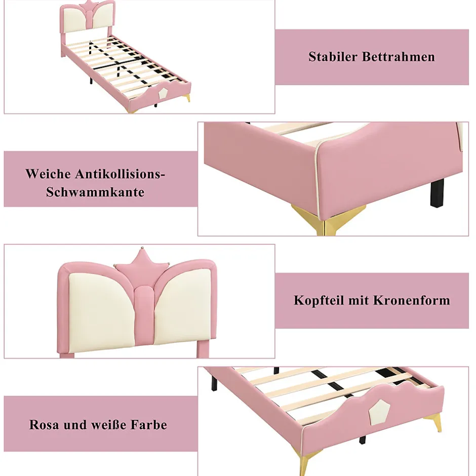 Enfant Okwish Lit Simple Enfant 90x200 cm, Tête de Lit Forme Couronne et Bordures Anti-Chocs, PU Mousse Contreplaqué, Sans Matelas, Rose/Blanc