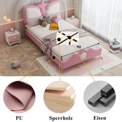 Enfant Okwish Lit Simple Enfant 90x200 cm, Tête de Lit Forme Couronne et Bordures Anti-Chocs, PU Mousse Contreplaqué, Sans Matelas, Rose/Blanc