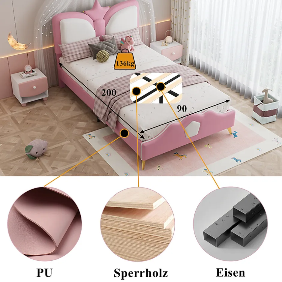 Enfant Okwish Lit Simple Enfant 90x200 cm, Tête de Lit Forme Couronne et Bordures Anti-Chocs, PU Mousse Contreplaqué, Sans Matelas, Rose/Blanc