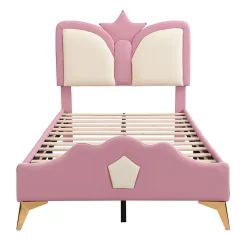 Enfant Okwish Lit Simple Enfant 90x200 cm, Tête de Lit Forme Couronne et Bordures Anti-Chocs, PU Mousse Contreplaqué, Sans Matelas, Rose/Blanc