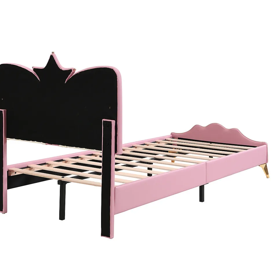 Enfant Okwish Lit Simple Enfant 90x200 cm, Tête de Lit Forme Couronne et Bordures Anti-Chocs, PU Mousse Contreplaqué, Sans Matelas, Rose/Blanc