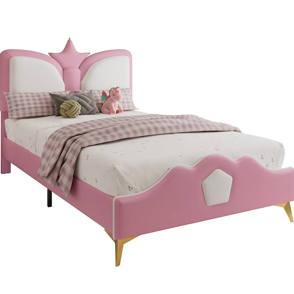 Enfant Okwish Lit Simple Enfant 90x200 cm, Tête de Lit Forme Couronne et Bordures Anti-Chocs, PU Mousse Contreplaqué, Sans Matelas, Rose/Blanc
