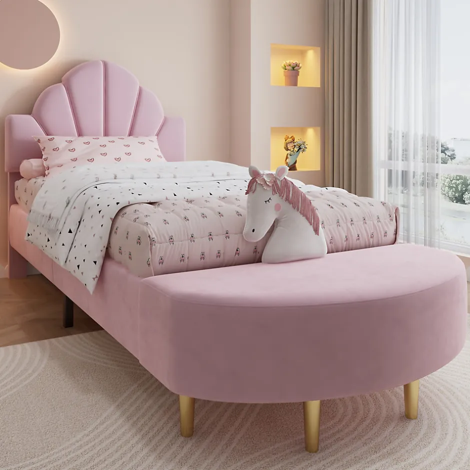 Enfant Okwish Lit Simple Enfant 90x200 cm, Tête de Lit Velours, Banc de Bout de Lit, Mousse Anti-Chocs, Contreplaqué, Sans Matelas, Rose
