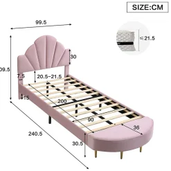 Enfant Okwish Lit Simple Enfant 90x200 cm, Tête de Lit Velours, Banc de Bout de Lit, Mousse Anti-Chocs, Contreplaqué, Sans Matelas, Rose