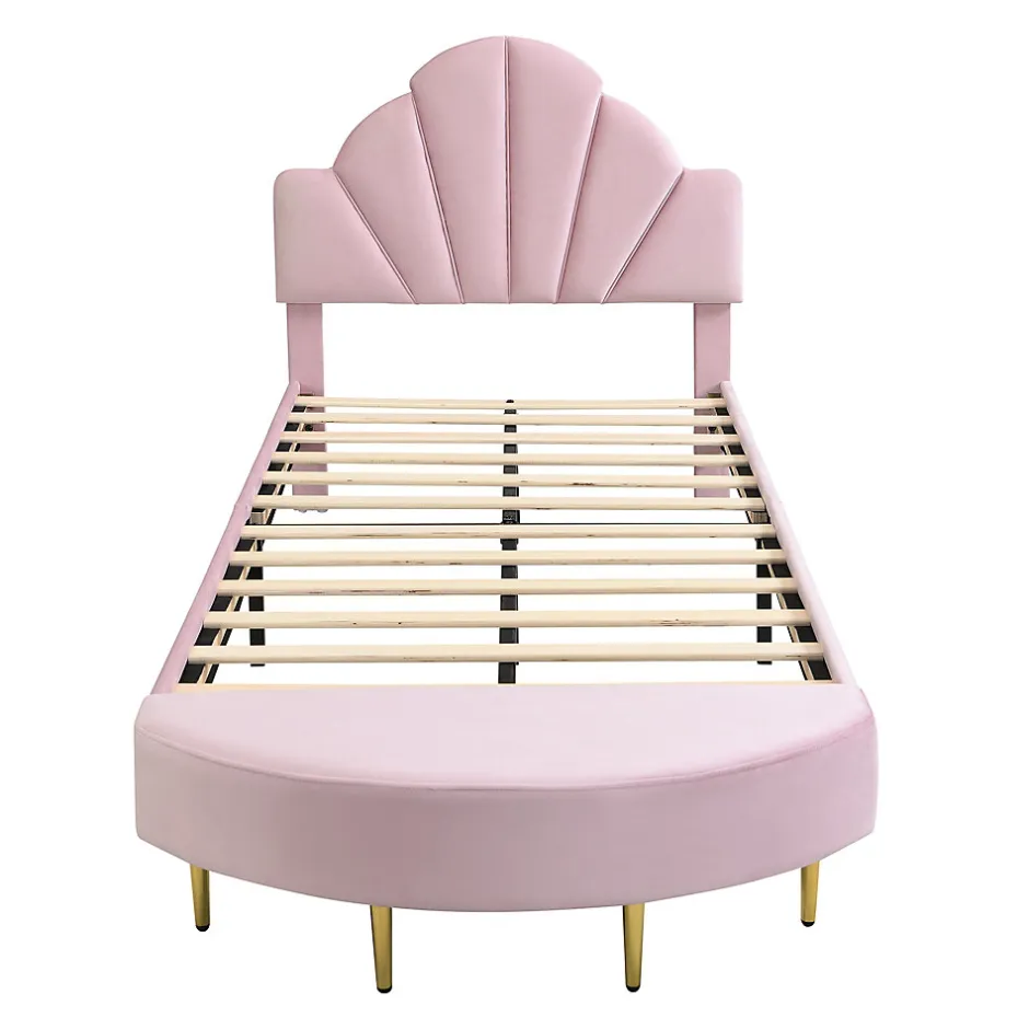 Enfant Okwish Lit Simple Enfant 90x200 cm, Tête de Lit Velours, Banc de Bout de Lit, Mousse Anti-Chocs, Contreplaqué, Sans Matelas, Rose