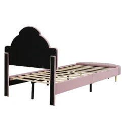 Enfant Okwish Lit Simple Enfant 90x200 cm, Tête de Lit Velours, Banc de Bout de Lit, Mousse Anti-Chocs, Contreplaqué, Sans Matelas, Rose