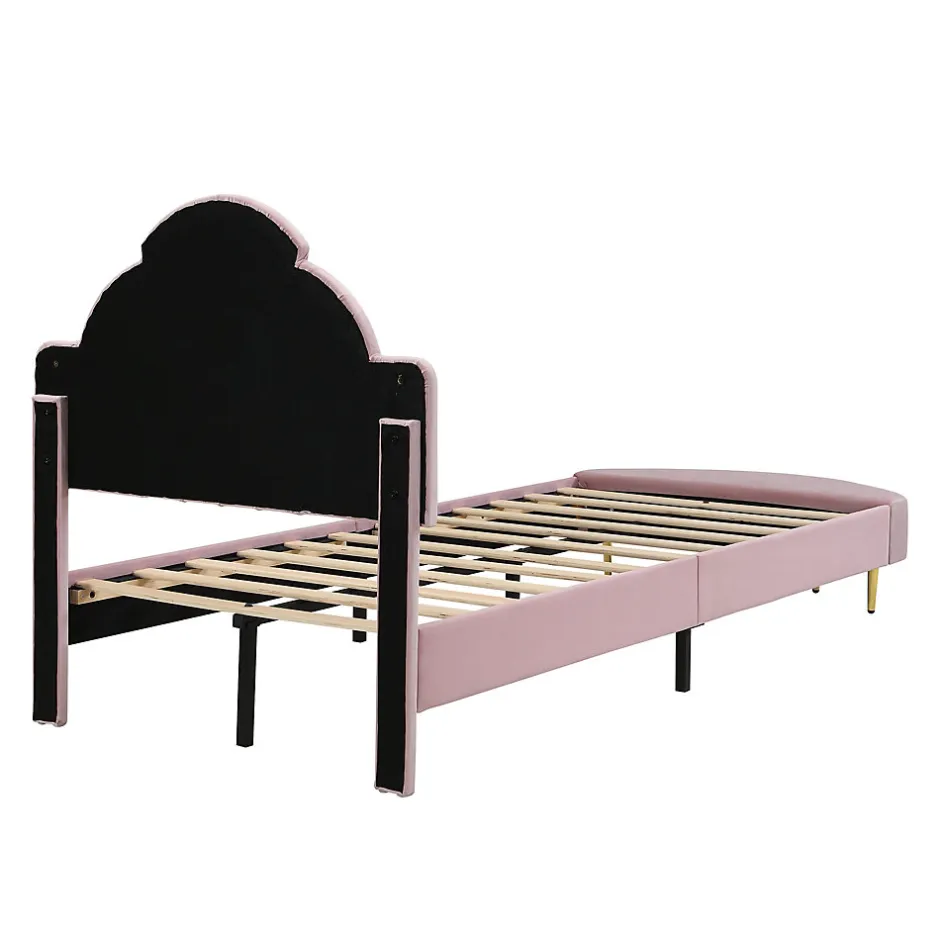 Enfant Okwish Lit Simple Enfant 90x200 cm, Tête de Lit Velours, Banc de Bout de Lit, Mousse Anti-Chocs, Contreplaqué, Sans Matelas, Rose