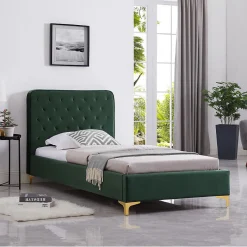 Idimex Lit simple GLAMOUR, 90x190 cm, capitonné avec sommier, revêtement en velours vert