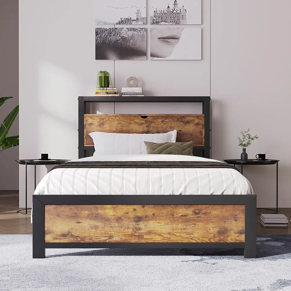 Urban Meuble Lit simple industriel avec tête de lit rangement bois noyer 90x200cm