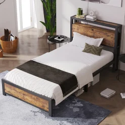 Urban Meuble Lit simple industriel avec tête de lit rangement bois noyer 90x200cm