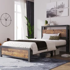 Urban Meuble Lit simple industriel avec tête de lit rangement bois noyer 90x200cm