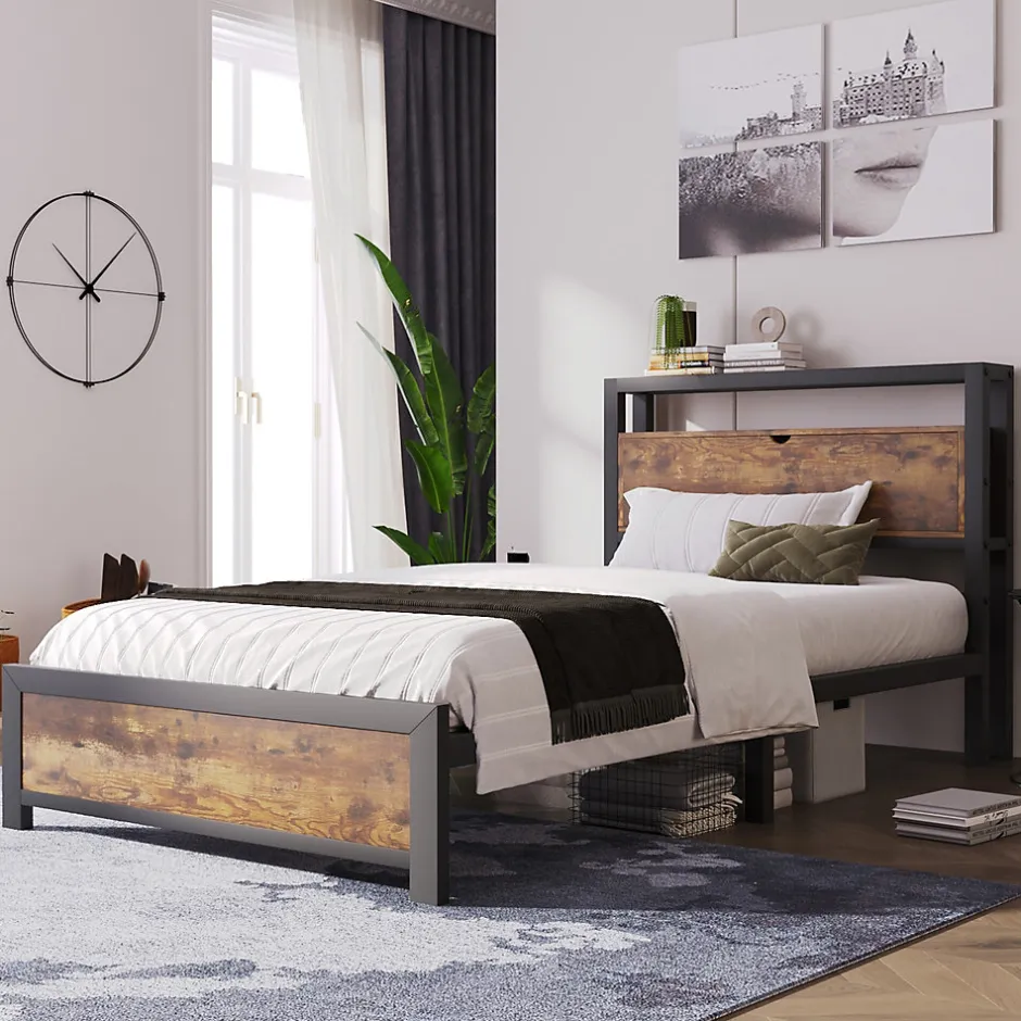 Urban Meuble Lit simple industriel avec tête de lit rangement bois noyer 90x200cm