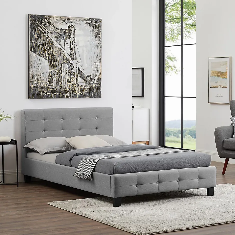Idimex Lit simple JOLIEN, 120 x 190 cm, capitonné avec sommier, revêtement en tissu gris Sale